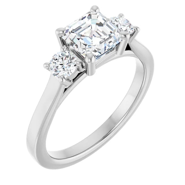 14K White Gold 1 1/2 CTW Asscher-Cut Diamond Three-Stone Engagement Ring with Round Side Stones