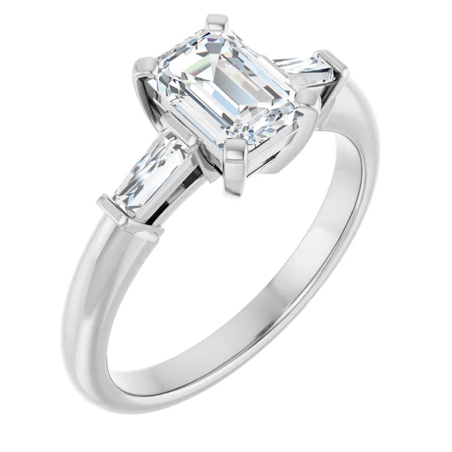 14K White Gold 1 1/2 CTW Emerald-Cut Diamond Three-Stone Engagement Ring with Baguette Accents