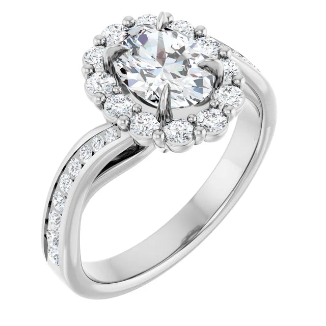 14K White Gold 1 1/2 CTW Oval-Cut Diamond Halo Engagement Ring with Twisted Shank Accents