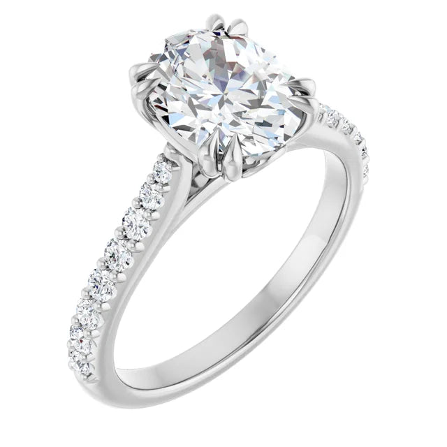 14K White Gold 1 1/3 CTW Oval-Cut Diamond Engagement Ring with Pavé Band and Double Claw-Prong Setting
