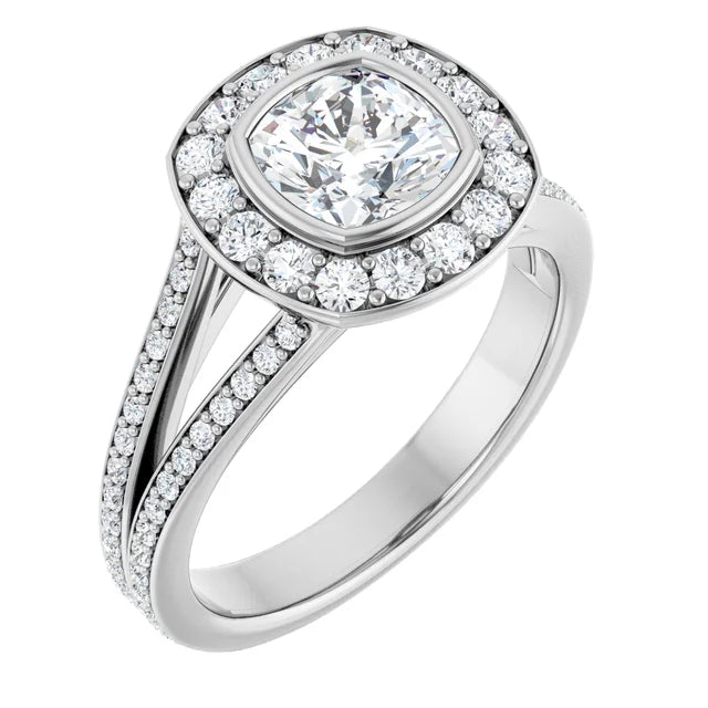 14K White Gold 1 1/4 CT Cushion Diamond Split Shank Halo Engagement Ring