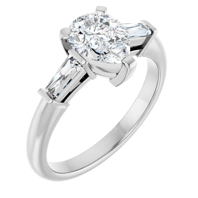 14K White Gold 1 1/4 CTW Pear-Cut Diamond Three-Stone Engagement Ring with Baguette Accents