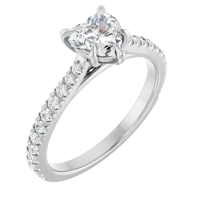 14K White Gold 1 7/8 CTW Heart-Cut Diamond Engagement Ring with Pave Accented Band