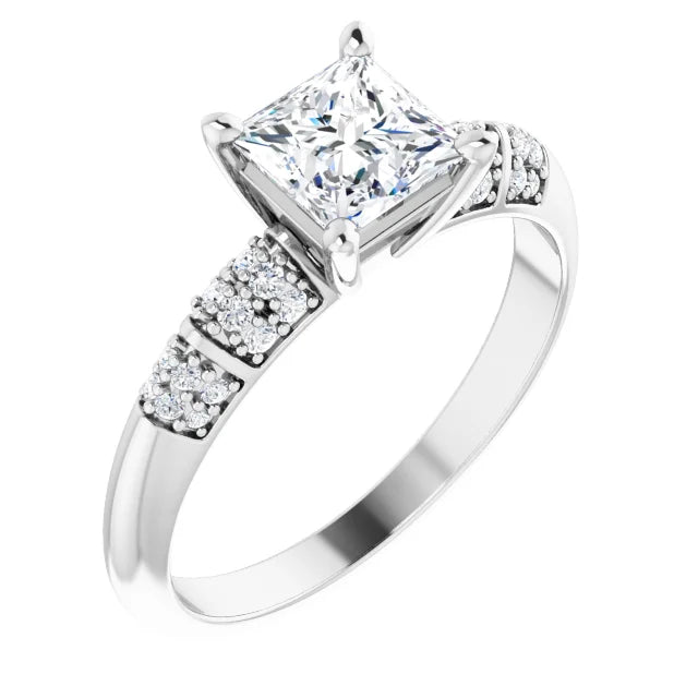 14K White Gold 1 CT Princess-Cut Diamond Engagement Ring with Pave Accents