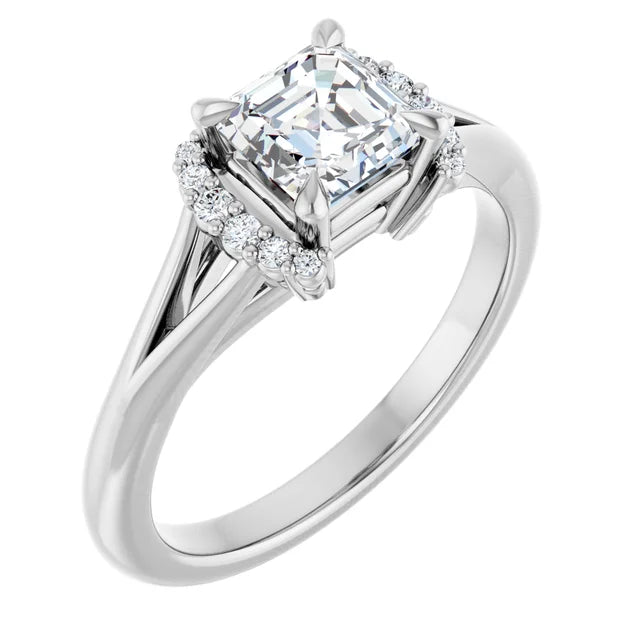 14K White Gold 1 CTW Asscher-Cut Diamond Engagement Ring with Half Halo and Split Shank