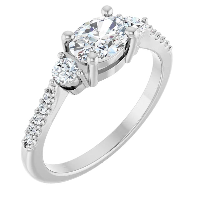 14K White Gold 1 CTW Oval-Cut Diamond Engagement Ring with Side Stones and Pavé Shank