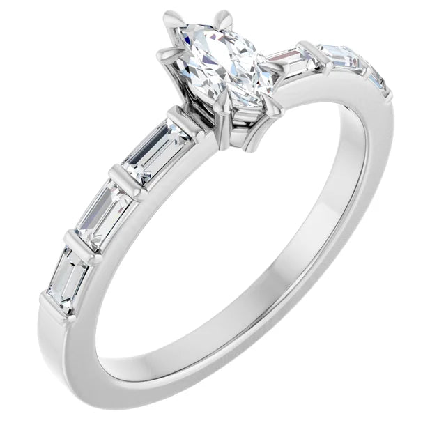 14K White Gold 1/2 CTW Marquise-Cut Diamond Engagement Ring with Baguette Accents