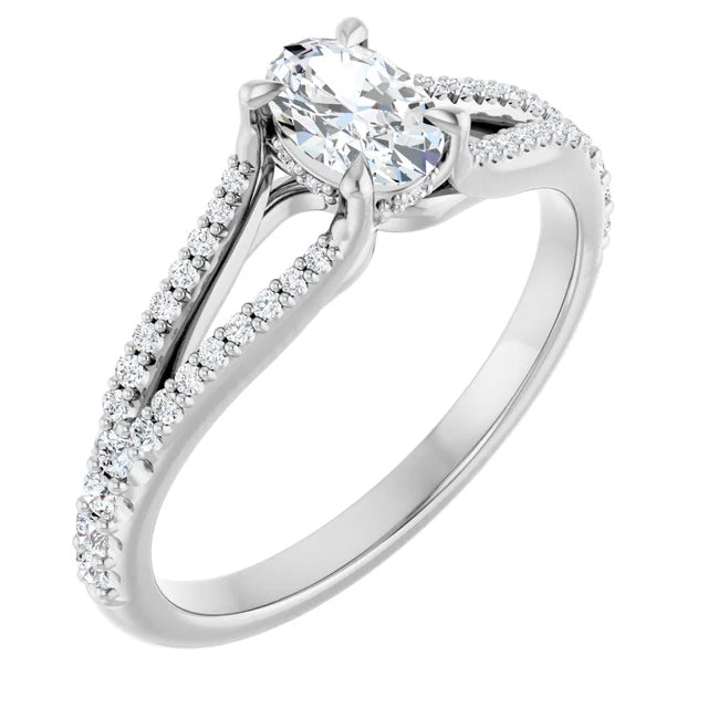 14K White Gold 1/2 CTW Oval-Cut Diamond Engagement Ring with Split Shank Pavé Design