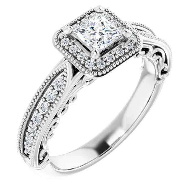 14K White Gold 1/3 CT Princess Cut Diamond Halo Engagement Ring with Milgrain Accents