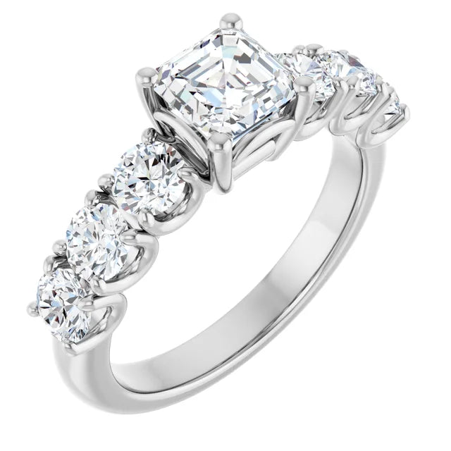 14K White Gold 2 1/5 CTW Asscher-Cut Diamond Engagement Ring with Round Graduated Side Stones