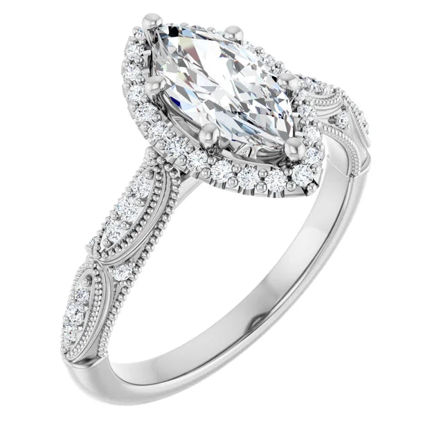14K White Gold 7/8 CTW Marquise-Cut Diamond Halo Engagement Ring with Milgrain Accents