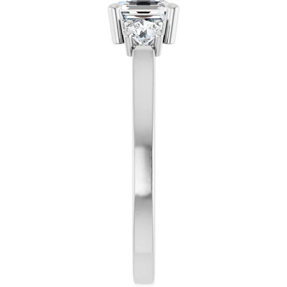 14K White Gold 1 1/2 CTW Asscher-Cut Diamond Three-Stone Engagement Ring with Round Side Stones