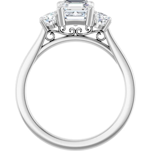 14K White Gold 1 1/2 CTW Asscher-Cut Diamond Three-Stone Engagement Ring with Round Side Stones