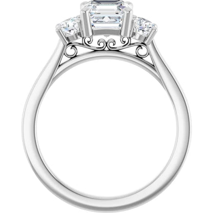 14K White Gold 1 1/2 CTW Asscher-Cut Diamond Three-Stone Engagement Ring with Round Side Stones