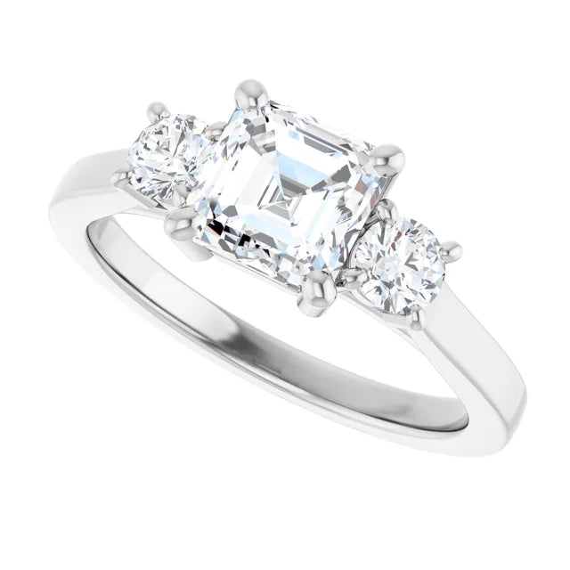 14K White Gold 1 1/2 CTW Asscher-Cut Diamond Three-Stone Engagement Ring with Round Side Stones