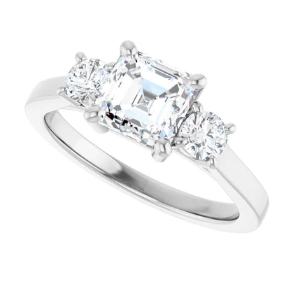 14K White Gold 1 1/2 CTW Asscher-Cut Diamond Three-Stone Engagement Ring with Round Side Stones