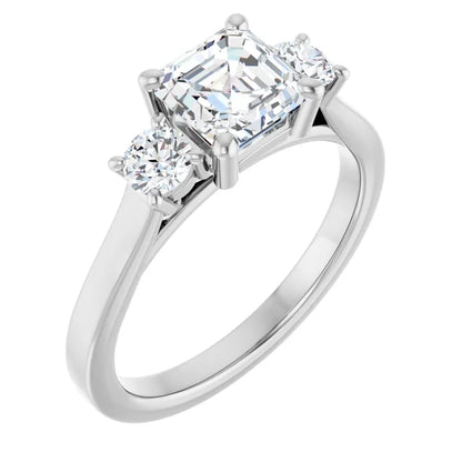 14K White Gold 1 1/2 CTW Asscher-Cut Diamond Three-Stone Engagement Ring with Round Side Stones