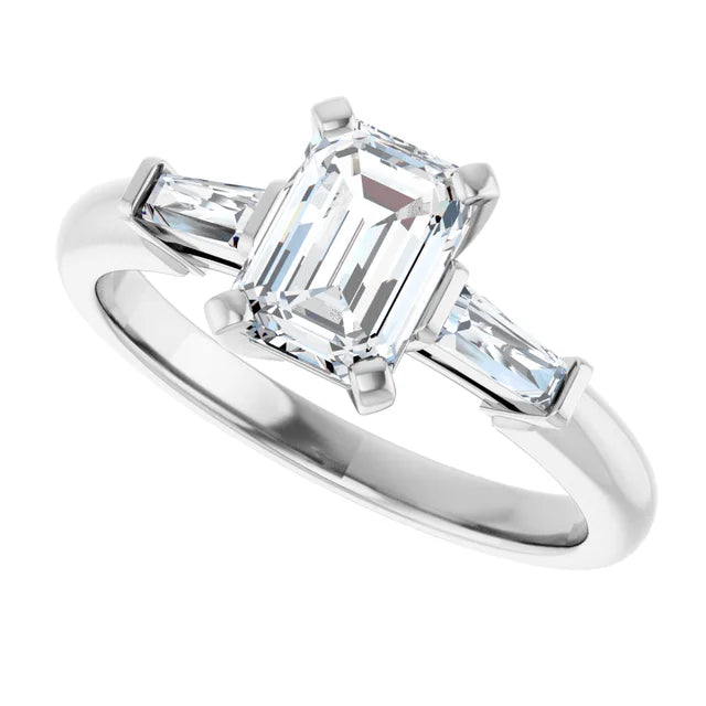 14K White Gold 1 1/2 CTW Emerald-Cut Diamond Three-Stone Engagement Ring with Baguette Accents