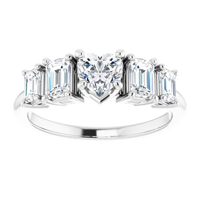 14K White Gold 1 1/2 CTW Heart and Emerald-Cut Diamond Five-Stone Engagement Ring