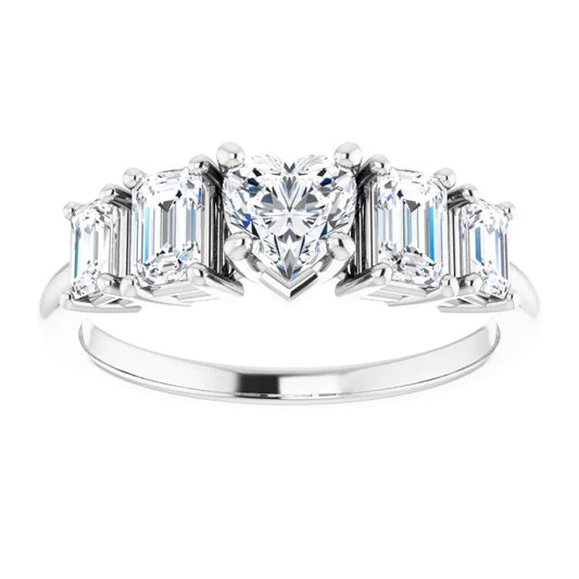 14K White Gold 1 1/2 CTW Heart and Emerald-Cut Diamond Five-Stone Engagement Ring