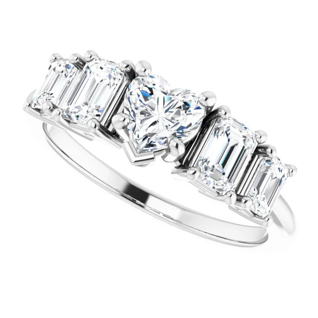 14K White Gold 1 1/2 CTW Heart and Emerald-Cut Diamond Five-Stone Engagement Ring