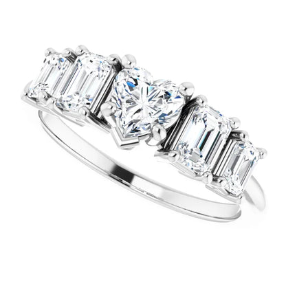 14K White Gold 1 1/2 CTW Heart and Emerald-Cut Diamond Five-Stone Engagement Ring