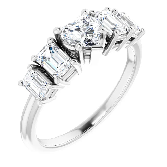 14K White Gold 1 1/2 CTW Heart and Emerald-Cut Diamond Five-Stone Engagement Ring