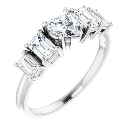 14K White Gold 1 1/2 CTW Heart and Emerald-Cut Diamond Five-Stone Engagement Ring
