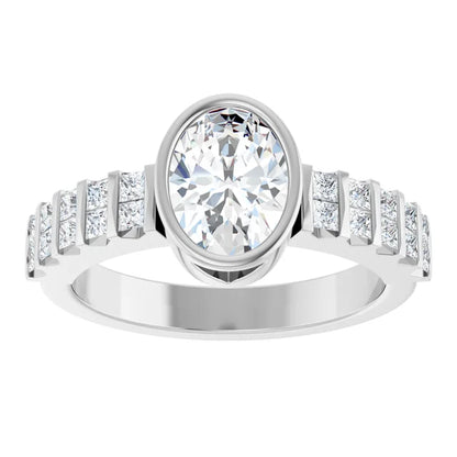 14K White Gold 1 1/2 CTW Oval-Cut Diamond Bezel-Set Engagement Ring with Princess Channel-Set Accents