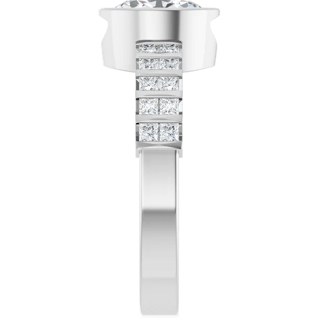 14K White Gold 1 1/2 CTW Oval-Cut Diamond Bezel-Set Engagement Ring with Princess Channel-Set Accents