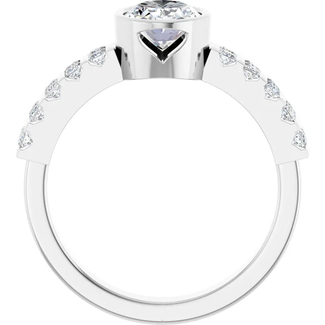 14K White Gold 1 1/2 CTW Oval-Cut Diamond Bezel-Set Engagement Ring with Princess Channel-Set Accents