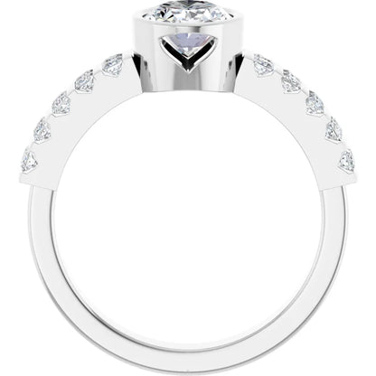 14K White Gold 1 1/2 CTW Oval-Cut Diamond Bezel-Set Engagement Ring with Princess Channel-Set Accents