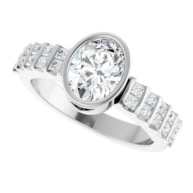 14K White Gold 1 1/2 CTW Oval-Cut Diamond Bezel-Set Engagement Ring with Princess Channel-Set Accents