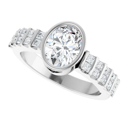 14K White Gold 1 1/2 CTW Oval-Cut Diamond Bezel-Set Engagement Ring with Princess Channel-Set Accents