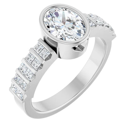 14K White Gold 1 1/2 CTW Oval-Cut Diamond Bezel-Set Engagement Ring with Princess Channel-Set Accents