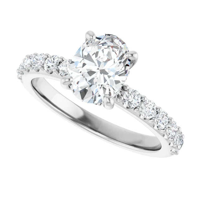 14K White Gold 1 1/2 CTW Oval-Cut Diamond Engagement Ring with Graduated Round Accents