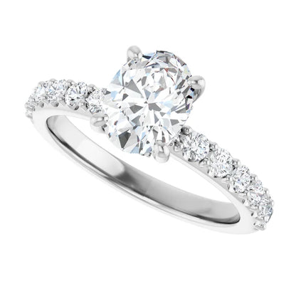 14K White Gold 1 1/2 CTW Oval-Cut Diamond Engagement Ring with Graduated Round Accents