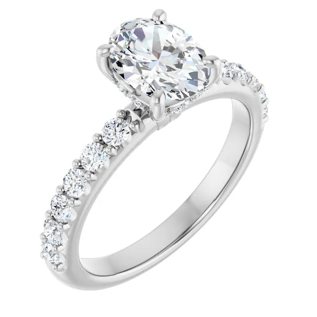 14K White Gold 1 1/2 CTW Oval-Cut Diamond Engagement Ring with Graduated Round Accents