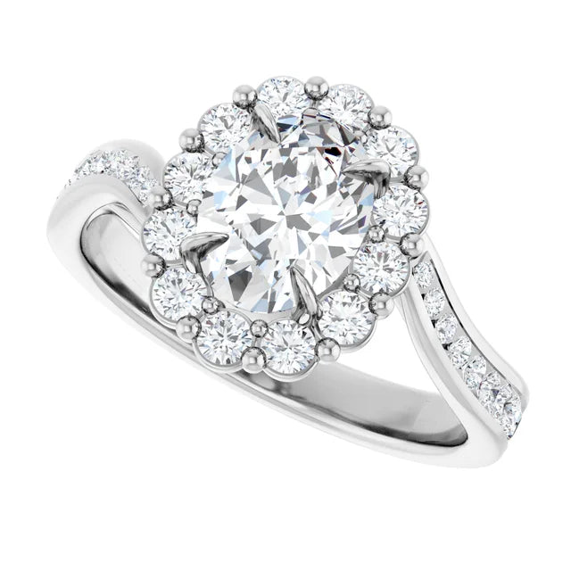 14K White Gold 1 1/2 CTW Oval-Cut Diamond Halo Engagement Ring with Twisted Shank Accents