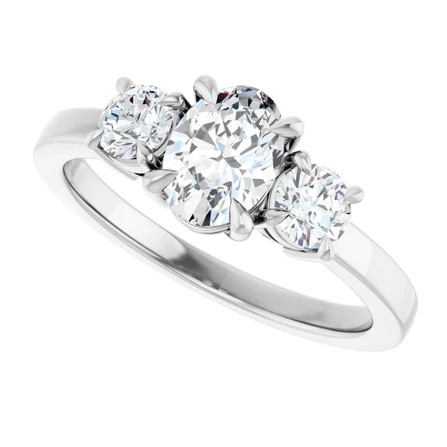14K White Gold 1 1/2 CTW Oval-Cut Diamond Three-Stone Engagement Ring with Round Accents