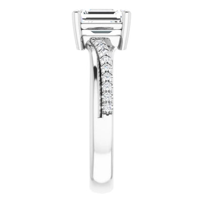 14K White Gold 1 1/3 CTW Emerald-Cut Diamond Engagement Ring with Pavé Band
