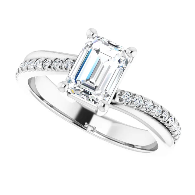 14K White Gold 1 1/3 CTW Emerald-Cut Diamond Engagement Ring with Pavé Band