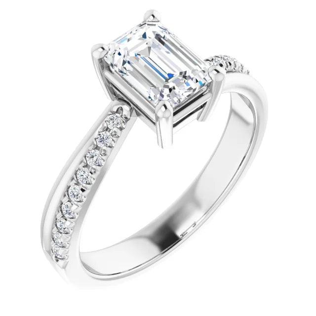 14K White Gold 1 1/3 CTW Emerald-Cut Diamond Engagement Ring with Pavé Band