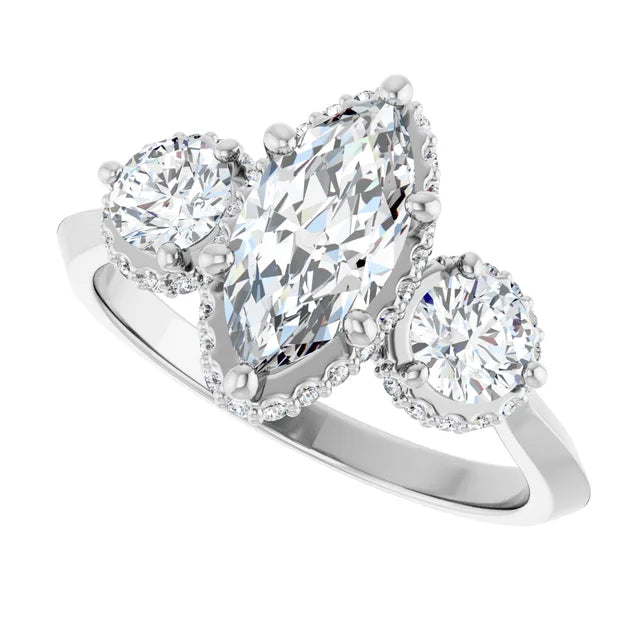 14K White Gold 1 1/3 CTW Marquise-Cut Diamond Three-Stone Halo Engagement Ring