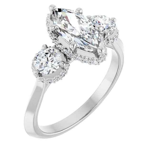 14K White Gold 1 1/3 CTW Marquise-Cut Diamond Three-Stone Halo Engagement Ring