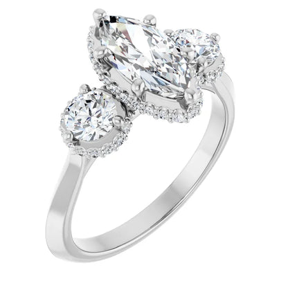 14K White Gold 1 1/3 CTW Marquise-Cut Diamond Three-Stone Halo Engagement Ring