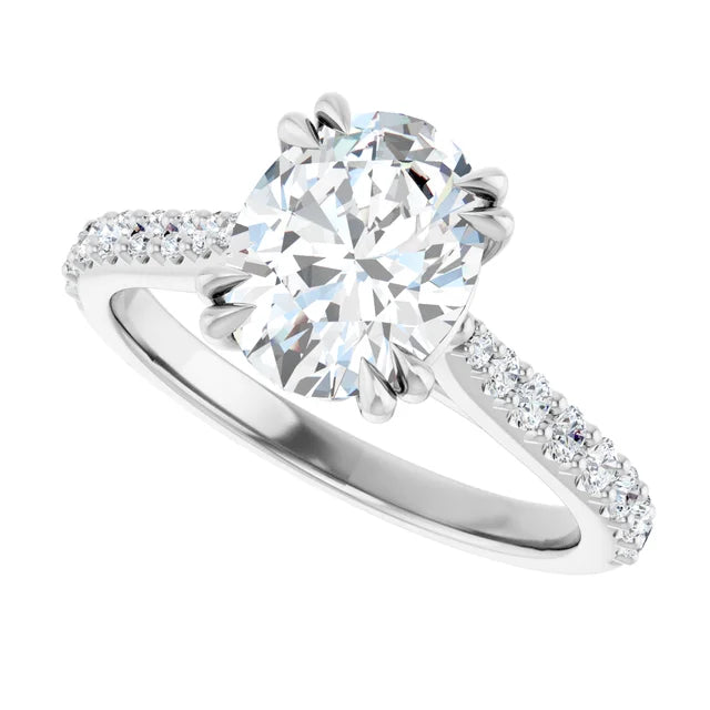 14K White Gold 1 1/3 CTW Oval-Cut Diamond Engagement Ring with Pavé Band and Double Claw-Prong Setting