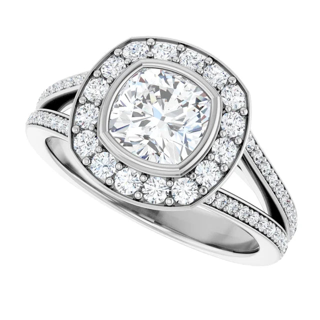 14K White Gold 1 1/4 CT Cushion Diamond Split Shank Halo Engagement Ring