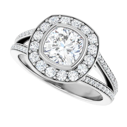 14K White Gold 1 1/4 CT Cushion Diamond Split Shank Halo Engagement Ring