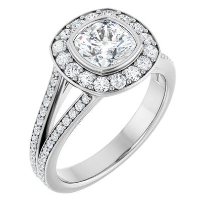 14K White Gold 1 1/4 CT Cushion Diamond Split Shank Halo Engagement Ring